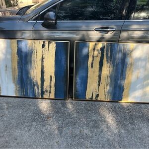 Set of 2! Abstract Blue and Gold Wall Art Set originally $100 a piece
